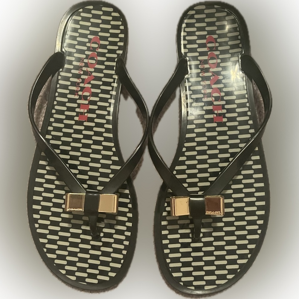 Coach Black and Gold Sandals with Elegant Bow Design